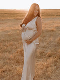 Champagne Satin Lace Splicing Backless Drawstring V-Neck Bodycon Going Out Photoshoot Maternity Maxi Dress Maternity