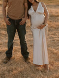 Champagne Satin Lace Splicing Backless Drawstring V-Neck Bodycon Going Out Photoshoot Maternity Maxi Dress Maternity