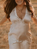Champagne Satin Lace Splicing Backless Drawstring V-Neck Bodycon Going Out Photoshoot Maternity Maxi Dress Maternity