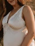 Champagne Satin Lace Splicing Backless Drawstring V-Neck Bodycon Going Out Photoshoot Maternity Maxi Dress Maternity