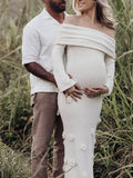 White Off Shoulder 3D Flowers Backless Bodycon Mermaid Cocktail Party Gowns Bandage Photoshoot Maternity Maxi Dress Maternity