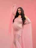 Flowy Off Shoulder Tulle Beading Pearls Rhinestone Bodice Mermaid Elegant Cocktail Evening Gown Luxury Sheer Maternity Baby Shower Maxi Dress Maternity
