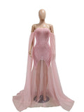 Flowy Off Shoulder Tulle Beading Pearls Rhinestone Bodice Mermaid Elegant Cocktail Evening Gown Luxury Sheer Maternity Baby Shower Maxi Dress Maternity