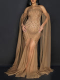 Flowy Off Shoulder Tulle Beading Pearls Rhinestone Bodice Mermaid Elegant Cocktail Evening Gown Luxury Sheer Maternity Baby Shower Maxi Dress Maternity