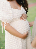 Bubble Texture Sweetheart Neckline Ruched Bodice A-line Puff Sleeve Elegant Going Out Maternity Photoshoot Maxi Dress Maternity