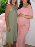Mesh Patchwork Off Shoulder Ruched Cut Out Bodycon Elegant Cocktail Party Maternity Baby Shower Maxi Dress Maternity
