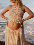 Beige 2 Piece Smocked Ruffle Backless Flowy Elegant Vacation Beach Photoshoot Maternity Maxi Dress Maternity