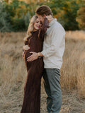 Brown Pleated Ruffle Belted Elegant Photoshoot Baby Shower Maternity Maxi Dress Maternity