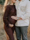 Brown Pleated Ruffle Belted Elegant Photoshoot Baby Shower Maternity Maxi Dress Maternity