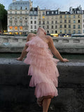 Pink Ruffle Tulle Halter Neck Backless Irregular Babyshower Maternity Mini Dress Maternity