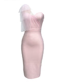 Tulle Bow One Shoulder Back Slit Zipper Bodycon Elegant Cocktail Party Gown Maternity Photoshoot Baby Shower Midi Dress Maternity