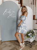 Blue Floral Ruched Off Shoulder A-line Puff Sleeve Sweet Going Out Maternity Photoshoot Baby Shower Mini Dress Maternity