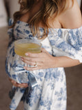 Blue Floral Ruched Off Shoulder A-line Puff Sleeve Sweet Going Out Maternity Photoshoot Baby Shower Mini Dress Maternity