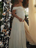 Ivory White Two Piece Set Off Shoulder Ruffle Falbala Bodycon Elegant Maternity Boho Photoshoot Baby Shower Maxi Dress Maternity