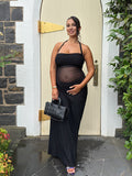 Mesh Patchwork Ruched Cut Out Halter Neck Backless Bodycon Elegant Maternity Baby Shower Party Maxi Dress Maternity