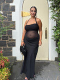 Mesh Patchwork Ruched Cut Out Halter Neck Backless Bodycon Elegant Maternity Baby Shower Party Maxi Dress Maternity