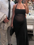 Mesh Patchwork Ruched Cut Out Halter Neck Backless Bodycon Elegant Maternity Baby Shower Party Maxi Dress Maternity