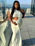 White Irregular Ruched Ruffle Falbala Draped Bodycon Elegant Maternity Baby Shower Maxi Dress Maternity