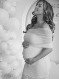 Light Blue Mesh Off Shoulder Ruched Mermaid Elegant Maternity Baby Shower Maxi Dress Maternity