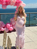 Pink Knit 3D Flowers Cami Backless Elegant Maternity Baby Shower Maxi Dress Maternity