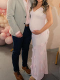 Pink Knit 3D Flowers Cami Backless Elegant Maternity Baby Shower Maxi Dress Maternity