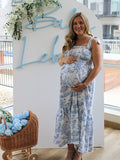 Floral Print Smocked Bow Boho Flowy Photoshoot Gender Reveal Baby Shower Maternity Maxi Dress Maternity