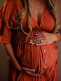Red Drawstring Single Breasted Ruffle Tie Back Maternity Photoshoot Maxi Dress Maternity