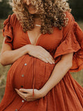 Single Breasted Drawstring Ruffle Tie Back Red Maternity Photoshoot Maxi Dress Maternity