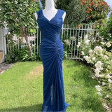 Fashion Mermaid V Neckline Navy Blue Floor Length Evening Dress Prom Dresses SD1881 HZ0628