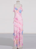 Colored Sling Skirt 2025 Summer New Fashion V-Neck Sleeveless Print Lotus Leaf-Side Dress Woman