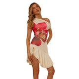 Women's Spring And Summer New One-Word Collar Floral Prints Swing Dress Women DJPT