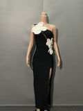 New Slant Shoulder Three-Dimensional Flower Evening Dress Sexy Elegant Party Party Tender Women's Dress