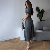 2025 New Solid Color Collar Short Sleeve Zipper Casual Commuter Dress