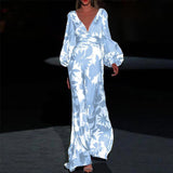 Spring And Summer New Women's Fashion Print Dress Sexy V-Neck Loose Waist DJPT
