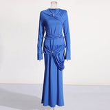 Temperament Famous Wind Style T-Shirt Dress 2025 Spring New Round Collar Kinesge Metal Buckle Folded Knitted Dress Woman