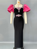 New Heavy Industry Diamond-Stuffed Temperament Rose Red Bubble Sleeve Banded Dress Banquet High-End Evening Dress