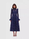 French Retro Elegant Style Embroidery Dress Collared Cardigan High-Waist A-Shaped Dress