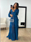 2024 Elegant Splicing Long-Sleeved V-Neck Dress Women's Long Dress