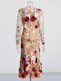 Retro-Colored Floral Embroidery Design For The Summer Of 2025 New Round-Neck Long-Sleeved Heavyweight High-Waisted Dress Woman
