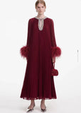 2024 New Round-Neck Heavy Industry Nail Nails And Fur Folding Process Horn Sleeve Long Dress
