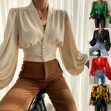 Explosion Spring New Temperament Button V Collar Lantern Sleeve T-Shirt DJPT