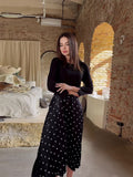 2024 New Long-Sleeved Wave Dot Round Neck Dress Waist Temperament Dress Female