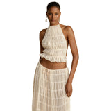 Explosive Dew-Back Strap Hanging Neck Top Set Wood Ear Chiffon Wrinkle Long Dress Two Sets