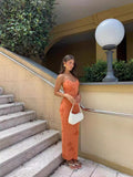 Summer New Printed Sexy Knitting Slimming Low-Chests With Thin Slings Long Dress DJPT