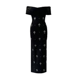 Sexy Folded Mesh Drill Splicing Word Shoulder Banded Skirt Party Evening Dress Skirt
