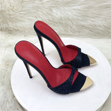 Sandals 12CM Pointed Fine And Black Water Drill Women's Shoes Banquet Famous High Heels High Quality Shoes