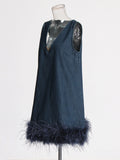Dress 2025 Summer New High-End Feeling Sleeveless V-Necked Cowboy Splicing Feathers Short Dress Dress Woman