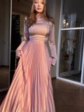 Autumn New Pink Folding Temperament Waist Long-Sleeved Dress Suit Woman