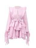Lotus Leaf Side Solid Dress 2025 New Female Summer Round Lantern Sleeve With Belt Splicing Dress