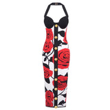 New Small Fragrant Rose Jabreeze Knitted Banda Skirt Sexy Hanging Neck Gold Buckle Elastic Dress